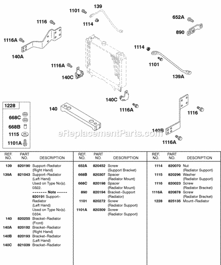 Radiator Support Brackets Diagram and Parts List for 589447-0310-99  Briggs and Stratton Engine